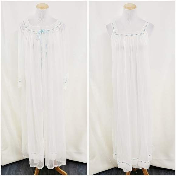 Vintage 60s Peignoir nightgown set ivory blue - Picture 1 of 16
